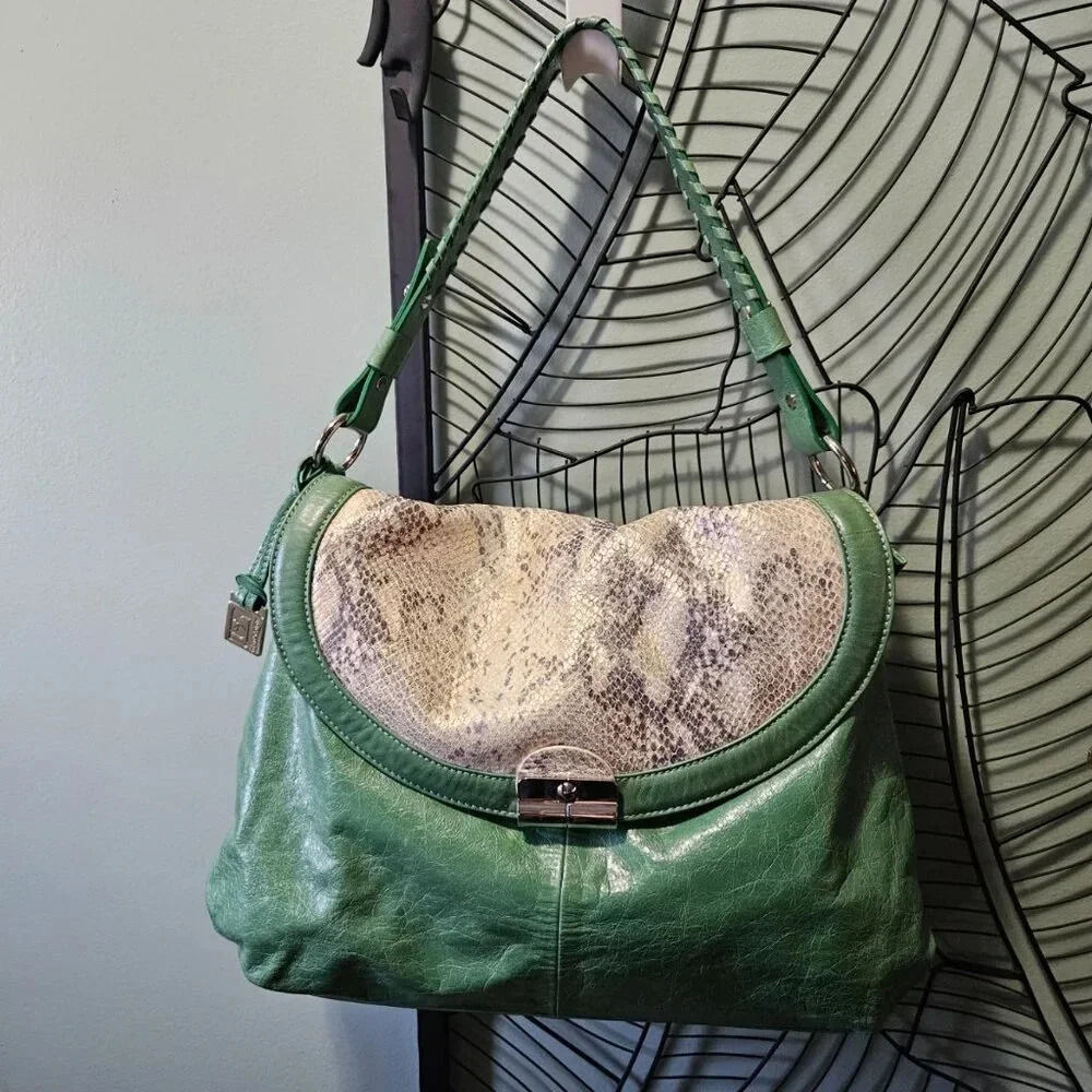 Soprano | Gorgeous  Green Slouchy Leather Bags Iridescent Snake Pattern - Rare!